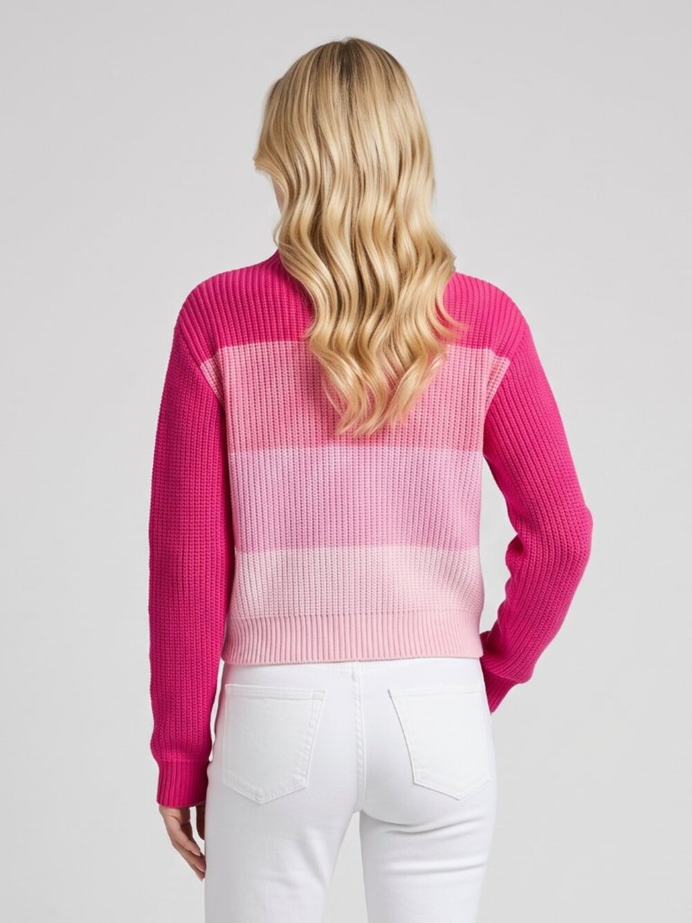 Women's Hot Pink Colorblock Mock Neck Knit Sweater Casual Fall Pullover - Picture 2 of 4